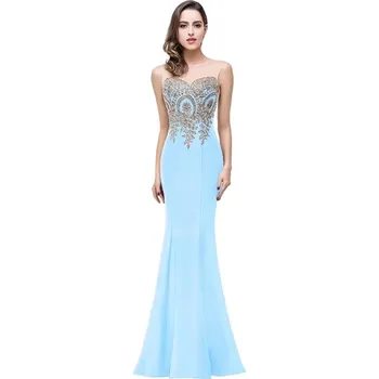 Dámské šaty Dlouhé krajkové šaty s průsvitným živůtkem a mořským střihem Barva: Nebeská, Velikost: M