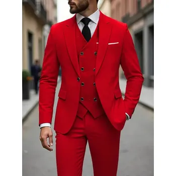 Pánský oblek Pánský tříkomplet oblek v elegantním střihu pro formální příležitosti Barva: Červená, Velikost: 3XL