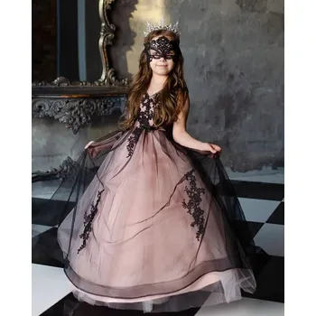 Dívčí šaty Dívčí tylové šaty s krajkou a květinovými detaily pro svatební oslavy Barva: Krémová, Velikost: 8