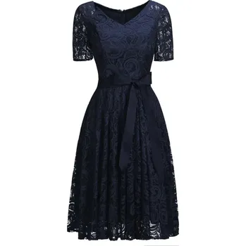 Dámské oblečení Dlouhé šifonové šaty s krajkou a páskem pro svatební oslavy Barva: Tmavě Modrá, Velikost: XS