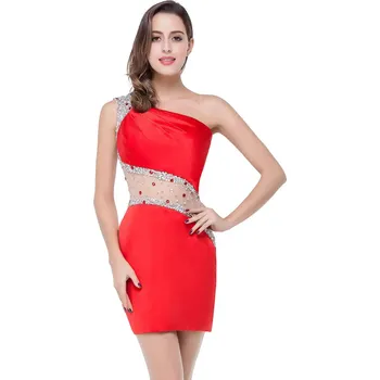 Dámské šaty Krátké saténové šaty s flitry a asymetrickým ramínkem pro plesy Barva: Červená, Velikost: 2XL