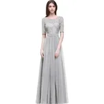 Dlouhé krajkové šaty s páskem pro ples či společenskou událost Barva: Stříbrná, Velikost: 7XL