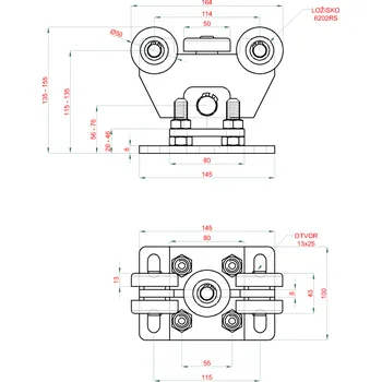 Vozík pro profil C-60x60x4mm samonosného systému posuvné brány, výškovo nastavitelný, pozinkovaný, 5x ocelové kolieska s ložiskem 6202RS