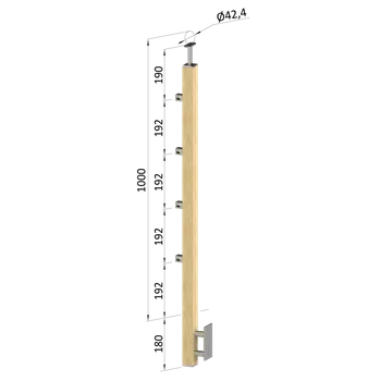 Dřevěný sloup, boční kotvení, 4 řadový, průchozí, vnější, vrch pevný, (40x40mm), materiál: buk, broušený povrch bez nátěru