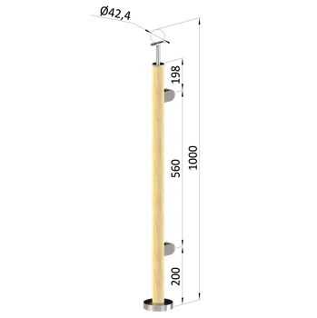 Zábradlí Dřevěný sloup, vrchní kotvení, výplň: sklo, pravý, vrch pevný (ø 42mm), materiál: buk, broušený povrch bez nátěru