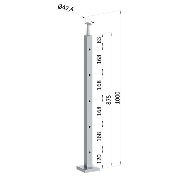 Zábradlí Nerezový sloup, vrchní kotvení, 5 děrový koncový, vrch pevný (40x40 mm), broušená nerez K320 / AISI304