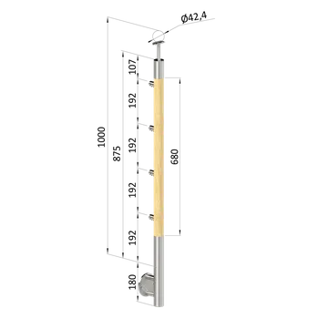 Zábradlí Dřevěný sloup, boční kotvení, 4 řadový, průchozí, vnitřní, vrch pevný (ø 42mm), materiál: buk, broušený povrch bez nátěru