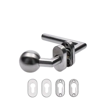 Dveřní kování Klika (pravá) + koule (pevná) ohnutá, včetně spodní rozety, balení: 1 ks klika (pravá), 1 ks koule, 2 ks spodní oválná rozeta, broušená nerezová ocel AISI304