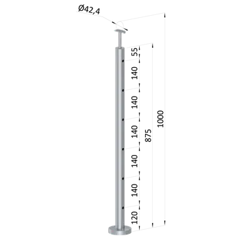 Nerezový sloup, vrchní kotvení, 6 děrový, koncový, vrch pevný (ø 42.4x2mm), broušená nerez K320 /AISI304