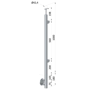 Zábradlí Nerezový sloup, boční kotvení, výplň: sklo, pravý, vrch pevný (ø 42,4x2 mm), broušená nerez K320 / AISI316