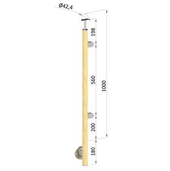 Dřevěný sloup, boční kotvení, výplň: sklo, pravý, vrch pevný (ø 42mm), materiál: buk, broušený povrch s nátěrem BORI (bezbarvý)