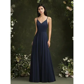 Dámské šaty Dlouhé šifonové šaty s krajkou a ramínky pro svatební oslavu Barva: Tmavě Modrá, Velikost: XS