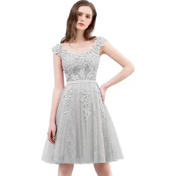 Dámské šaty Krátké krajkové šaty s 3D květy v áčkovém střihu pro slavnostní chvíle Barva: Stříbrná, Velikost: 3XL