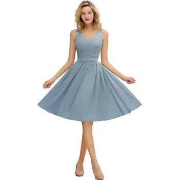 Dámské šaty Krátké šifonové šaty s krajkovým živůtkem pro družičky a svatební oslavy Barva: Modrá, Velikost: S