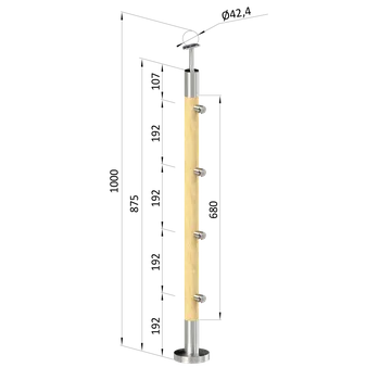 Zábradlí Dřevěný sloup, vrchní kotvení, 4 řadový, průchozí, vrch pevný (ø42 mm), materiál: buk, broušený povrch bez nátěru