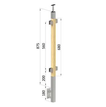 Dřevěný sloup, boční kotvení, výplň: sklo, průchozí, vrch pevný (40x40mm), materiál: buk, broušený povrch bez nátěru