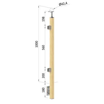 Zábradlí Dřevěný sloup, boční kotvení, výplň: sklo, koncový, levý, vrch pevný (40x40mm), materiál: buk, broušený povrch bez nátěru