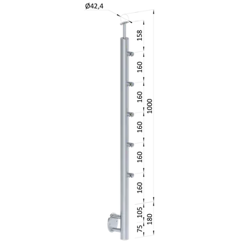Nerezový sloup, boční kotvení, 5 řadový průchodný, venkovní, vrch pevný (ø 42,4x2 mm), broušená nerez K320 / AISI304