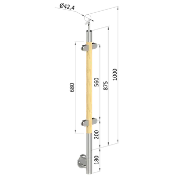 Dřevěný sloup, boční kotvení, výplň: sklo, průchozí, vrch nastavitelný (ø 42mm), materiál: buk, broušený povrch bez nátěru