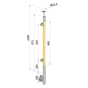 Dřevěný sloup, boční kotvení, výplň: sklo, levý, vrch pevný (ø 42mm), materiál: buk, broušený povrch s nátěrem BORI (bezbarvý)