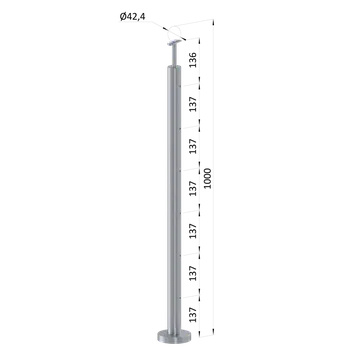 Zábradlí Nerezový sloup, vrchní kotvení, bez výplně, 6 řadový se závitem M6, vrch pevný (ø 42.4x2mm), broušená nerez K320 /AISI304