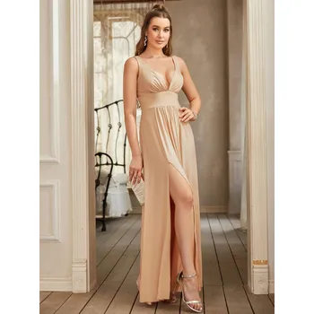 Dámské šaty Dlouhé šifonové šaty s výstřihem do V pro družičky a slavnostní večery Barva: Zlatá, Velikost: S