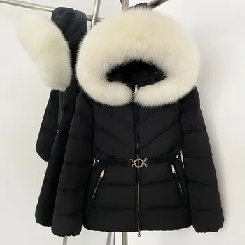 Dámská parka Dámská péřová bunda s kožešinovým límcem a kapucí pro zimu Velikost: M, Barva (Varianta): Black beige