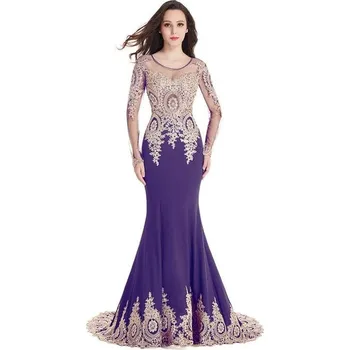 Dámské šaty Dlouhé krajkové šaty v mořském střihu s korálky a dlouhými rukávy pro galavečery Barva: Fialová, Velikost: 4XL