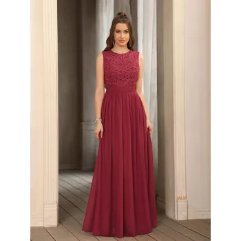 Dámské šaty Dlouhé šifonové šaty s krajkou bez rukávů pro družičku či ples Barva: Bordová, Velikost: 2XL