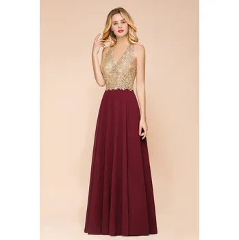 Dámské šaty Šifonové šaty s výšivkami a zlatými detaily pro družičky a společenské večery Barva: Bordová, Velikost: S