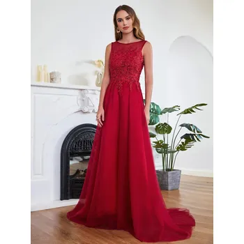 Dámské šaty Dlouhé tylové šaty s vlečkou a krajkovými aplikacemi pro svatební hosty Barva: Červená, Velikost: S