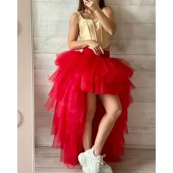 Dámská sukně Asymetrická tylová sukně s nadýchanými vrstvami pro párty Barva: Červená