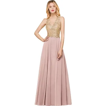 Dámské šaty Dlouhé šifonové šaty se zlatou krajkou a výstřihem do V pro plesové akce Barva: Růžová, Velikost: XL