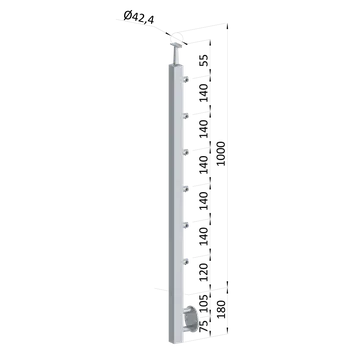 Zábradlí Nerezový sloup, boční kotvení, 6 řadový průchozí, vnitřní, vrch pevný (40x40mm), broušená nerez K320 /AISI304