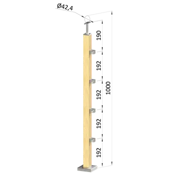 Dřevěný sloup, vrchní kotvení, 4 řadový, průchozí, vrch pevný (40x40 mm), materiál: buk, broušený povrch s nátěrem BORI (bezbarvý)