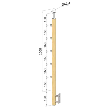 Dřevěný sloup, boční kotvení, 5 řadový, průchozí, vnější, vrch pevný, (40x40mm), materiál: buk, broušený povrch s nátěrem BORI (bezbarvý)