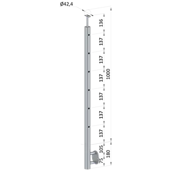Zábradlí Nerezový sloup, boční kotvení, 6 děrový průchodný, vrch pevný (ø 42,4x2 mm), broušená nerez K320 / AISI316
