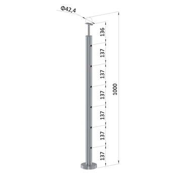 Nerezový sloup, vrchní kotvení, 6 děrový průchodný, vrch pevný (ø 42,4x2 mm), leštěná nerez / AISI304