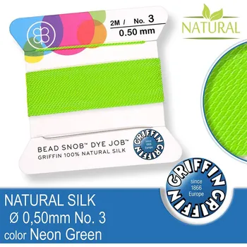 Nit Hedvábná nit s jehlou GRIFFIN síla nitě 0,5mm No.3 délka 2m. Barva Neon Green.