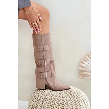 Dámská zimní obuv Kozačky Na Podpatku S Ohnutou Holení A Přezkami Béžové Vamissa 40