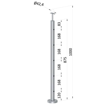 Nerezový sloup, vrchní kotvení, 5 děrový koncový, vrch pevný (ø 42.4x2mm), broušená nerez K320 /AISI304