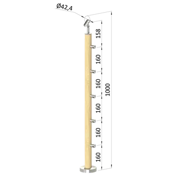 Zábradlí Dřevěný sloup, vrchní kotvení, 5 řadový, průchozí, vrch nastavitelný (ø42 mm), materiál: buk, broušený povrch bez nátěru