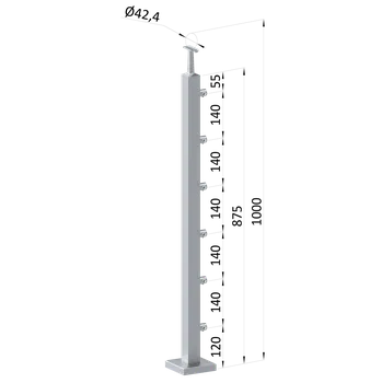 Zábradlí Nerezový sloup, vrchní kotvení, 6 řadový průchozí, vrch pevný (40x40mm), broušená nerez K320 /AISI304