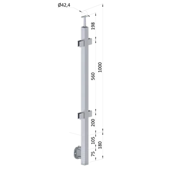 Zábradlí Nerezový sloup, boční kotvení, výplň: sklo, průchozí, vrch pevný, (40x40 mm), broušená nerez K320 / AISI304