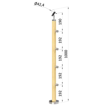 Zábradlí Dřevěný sloup, vrchní kotvení, 4 řadový, průchozí, vrch nastavitelný (ø 42mm), materiál: buk, broušený povrch s nátěrem BORI (bezbarvý)