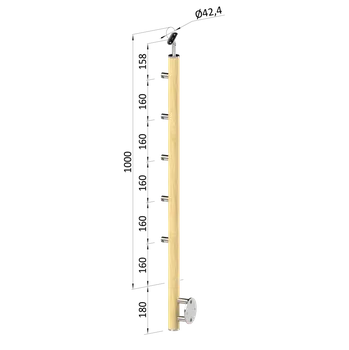 Dřevěný sloup, boční kotvení, 5 řadový, průchozí, vnější, vrch nastavitelný (ø 42mm), materiál: buk, broušený povrch s nátěrem BORI (bezbarvý)
