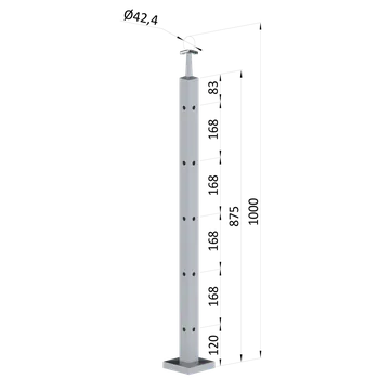 Zábradlí Nerezový sloup, vrchní kotvení, 5 děrový rohový, vrch pevný (40x40 mm), broušená nerez K320 / AISI304