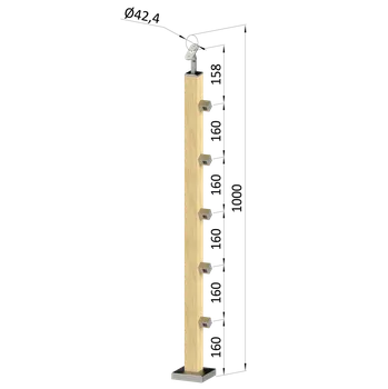 Dřevěný sloup, vrchní kotvení, 5 řadový, průchozí, vrch nastavitelný (40x40mm), materiál: buk, broušený povrch bez nátěru