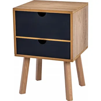 Noční stolek Noční Stolek MDF a bukové dřevo, korpus dub, dvě černé zásuvky POSNORD