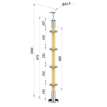 Dřevěný sloup, vrchní kotvení, 4 řadový, průchozí, rohový: 90°, vrch pevný (ø 42mm), materiál: buk, broušený povrch s nátěrem BORI (bezbarvý)